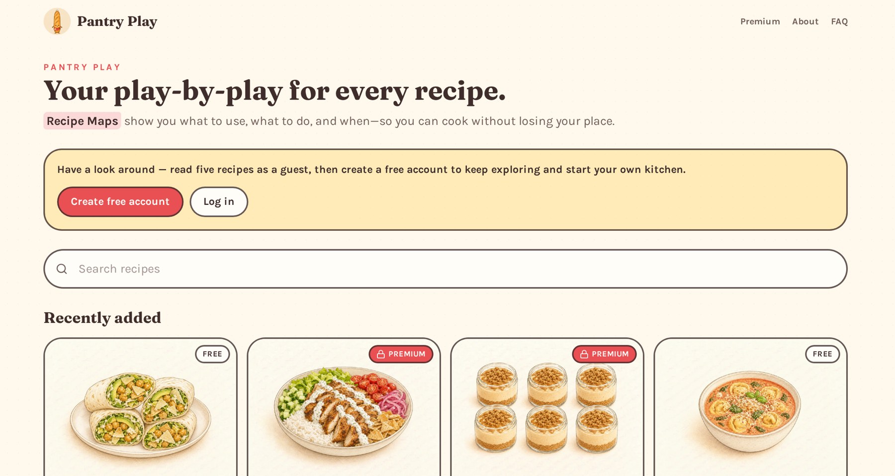 The Pantry Play homepage showing recently added recipes