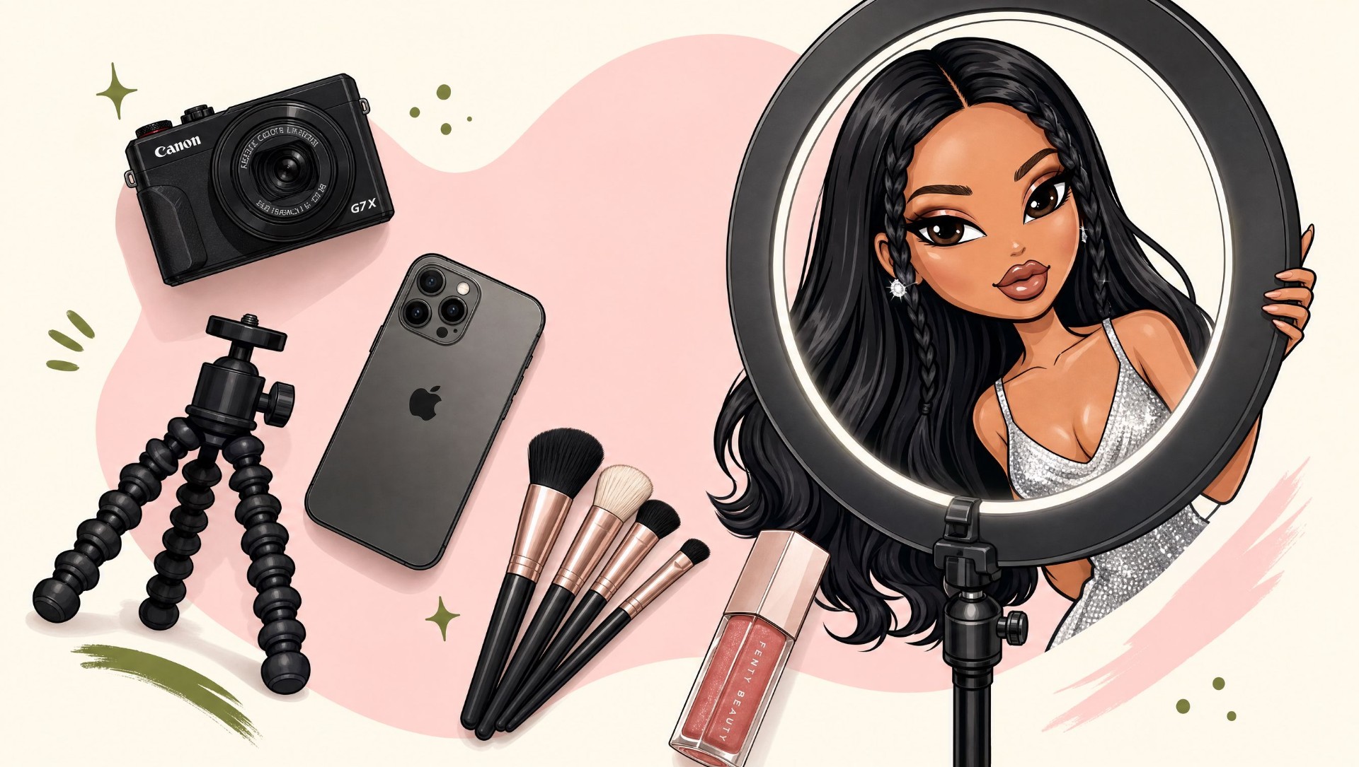 Creative illustration with camera, phone, brushes, and ring light