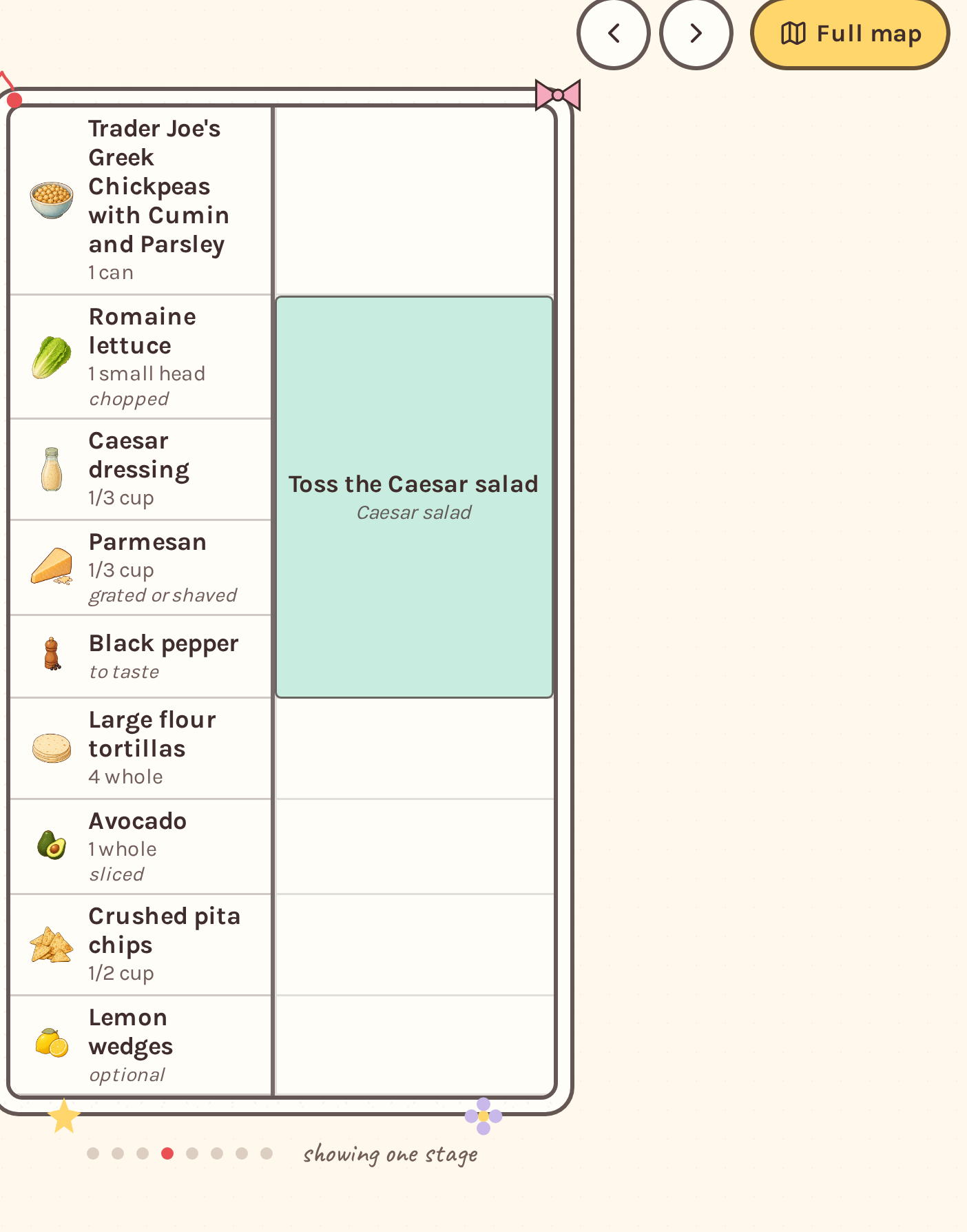 Pantry Play focused Recipe Map view showing one stage at a time with previous and next arrows and a Full map button