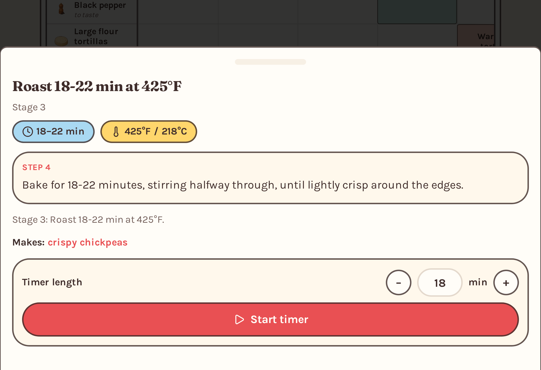 Pantry Play built-in timer modal for the roast stage with time, temperature, step instructions, timer length controls and a Start timer button